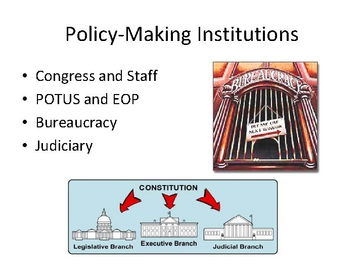 Policy-Making Institutions • • Congress and Staff POTUS and EOP Bureaucracy Judiciary 