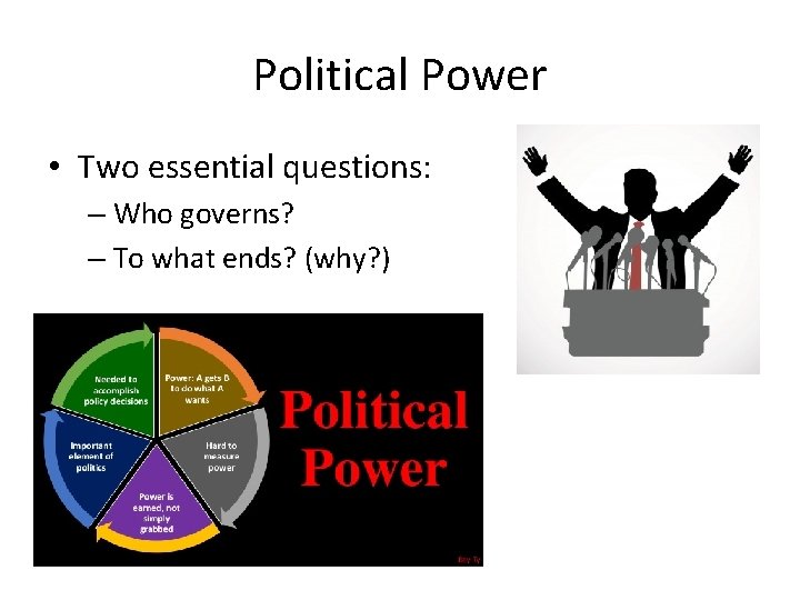 Political Power • Two essential questions: – Who governs? – To what ends? (why?