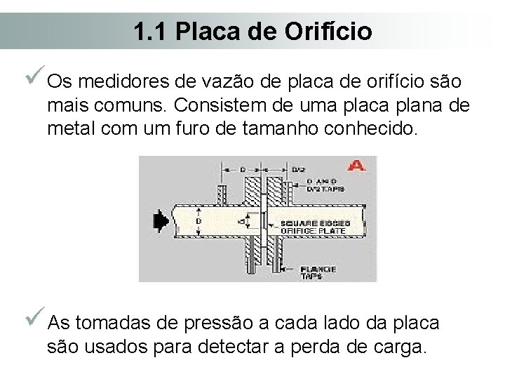 1. 1 Placa de Orifício ü Os medidores de vazão de placa de orifício