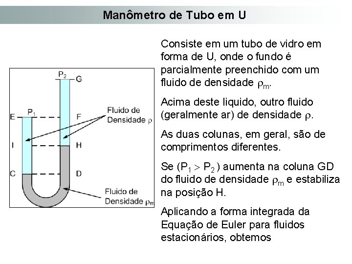 Manômetro de Tubo em U Consiste em um tubo de vidro em forma de