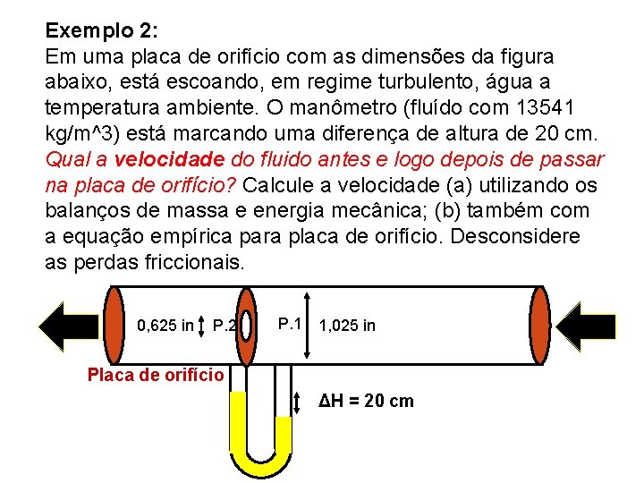 Exemplo 2: Em uma placa de orifício com as dimensões da figura abaixo, está