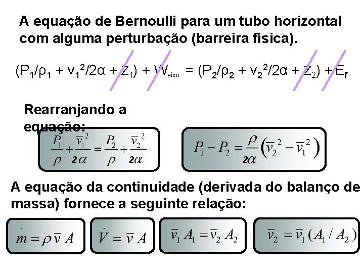 A equação de Bernoulli para um tubo horizontal com alguma perturbação (barreira física). (P