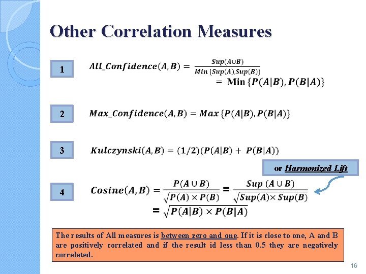 Other Correlation Measures 1 2 3 or Harmonized Lift 4 The results of All