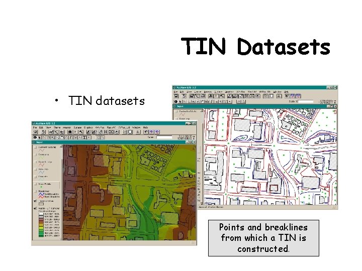 TIN Datasets • TIN datasets Points and breaklines from which a TIN is constructed.