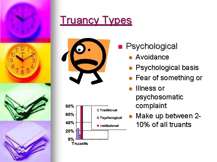 Truancy Types n Psychological l l Avoidance Psychological basis Fear of something or Illness