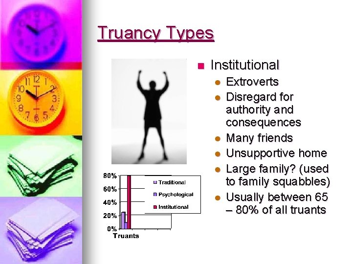 Truancy Types n Institutional l l l Extroverts Disregard for authority and consequences Many