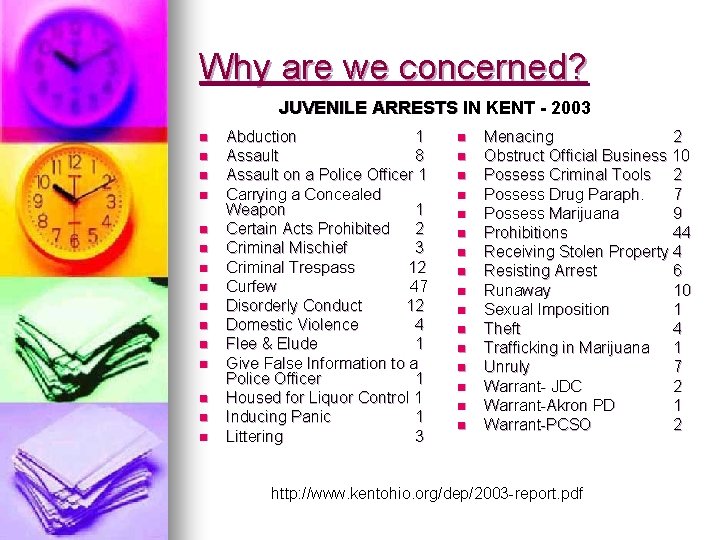 Why are we concerned? JUVENILE ARRESTS IN KENT - 2003 n n n n