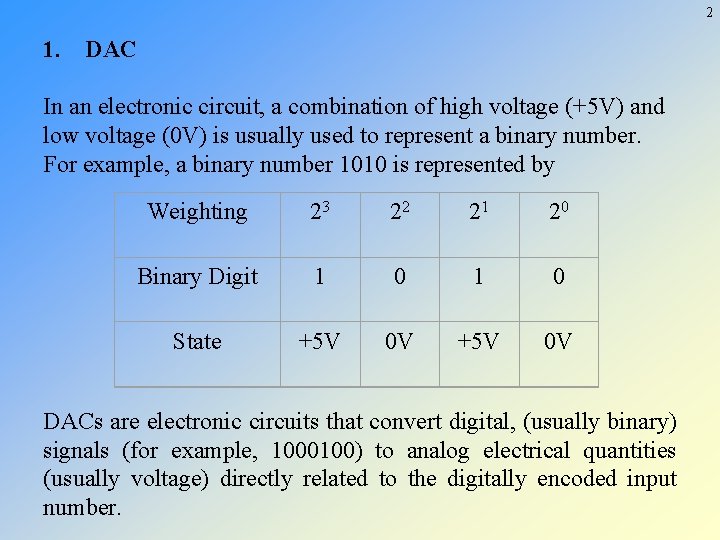 2 1. DAC In an electronic circuit, a combination of high voltage (+5 V)