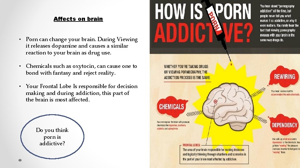 Affects on brain • Porn can change your brain. During Viewing it releases dopamine