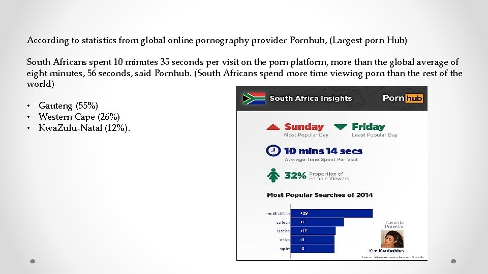According to statistics from global online pornography provider Pornhub, (Largest porn Hub) South Africans