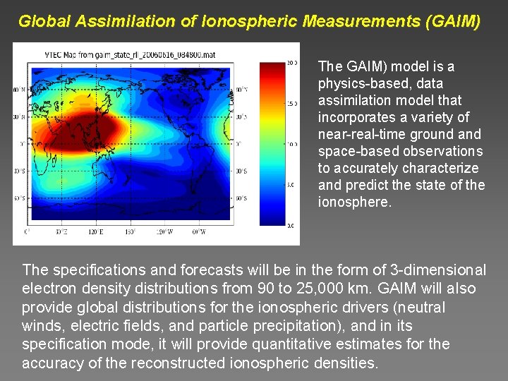 Global Assimilation of Ionospheric Measurements (GAIM) The GAIM) model is a physics-based, data assimilation