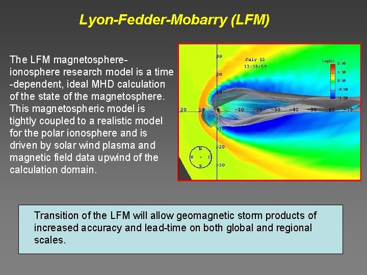 Lyon-Fedder-Mobarry (LFM) The LFM magnetosphereionosphere research model is a time -dependent, ideal MHD calculation