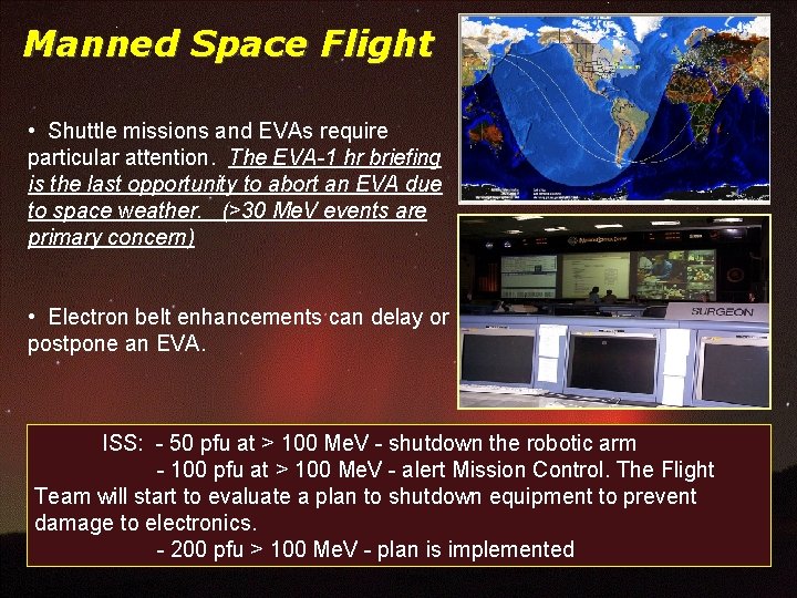 Manned Space Flight • Shuttle missions and EVAs require particular attention. The EVA-1 hr