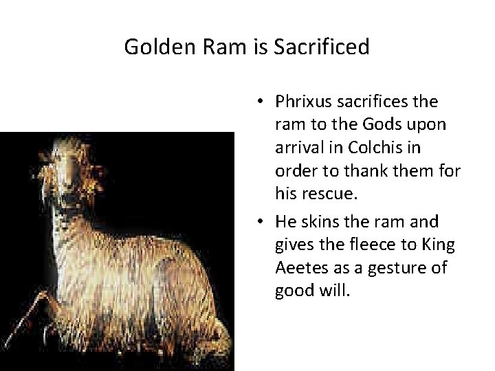 Golden Ram is Sacrificed • Phrixus sacrifices the ram to the Gods upon arrival