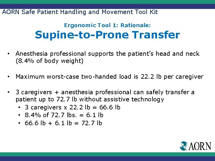 AORN Safe Patient Handling and Movement Tool Kit Ergonomic Tool 1: Rationale: Supine-to-Prone Transfer