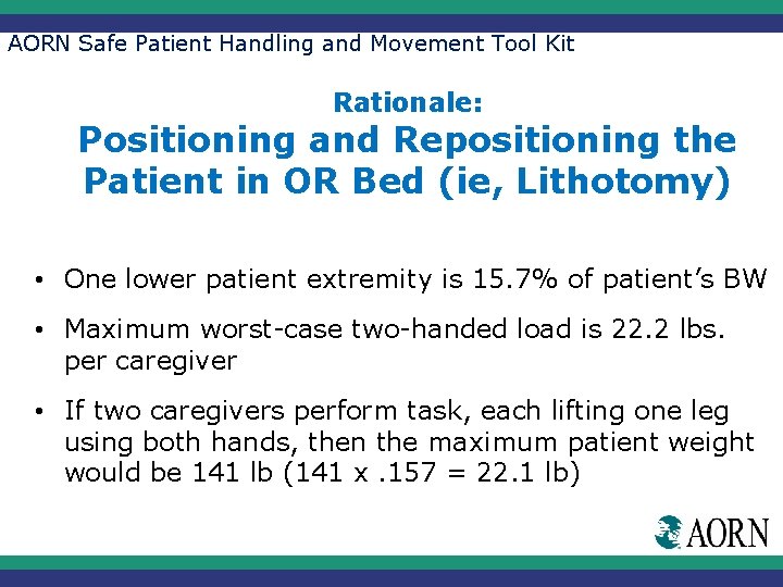 AORN Safe Patient Handling and Movement Tool Kit Rationale: Positioning and Repositioning the Patient