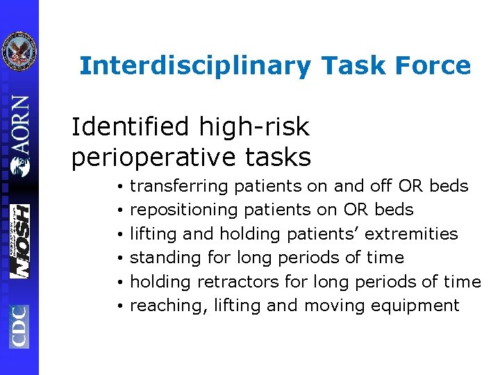 Interdisciplinary Task Force Identified high-risk perioperative tasks • • • transferring patients on and