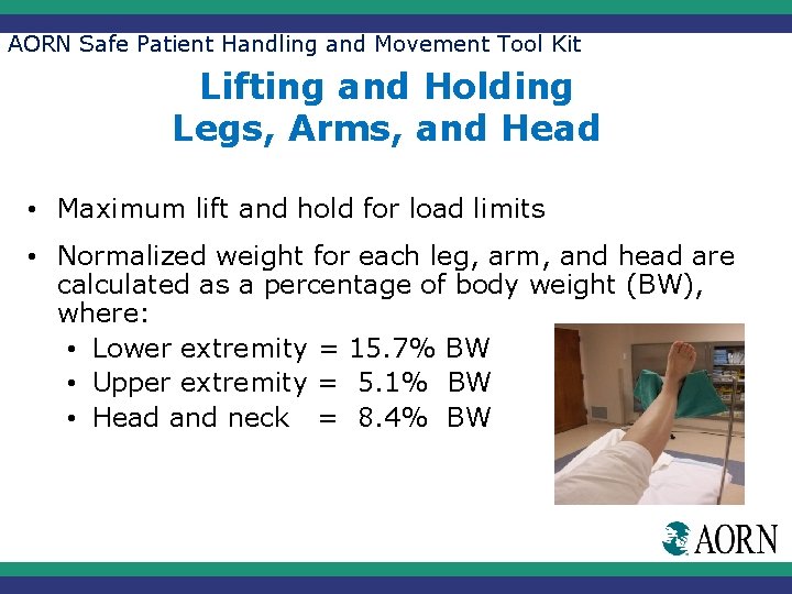 AORN Safe Patient Handling and Movement Tool Kit Lifting and Holding Legs, Arms, and