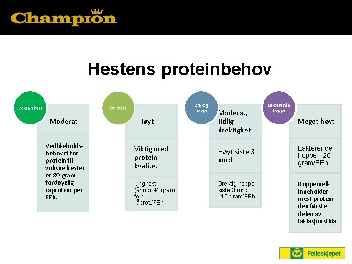 Hestens proteinbehov Voksen hest Drektig hoppe Unghest Moderat Vedlikeholdsbehovet for protein til voksne hester