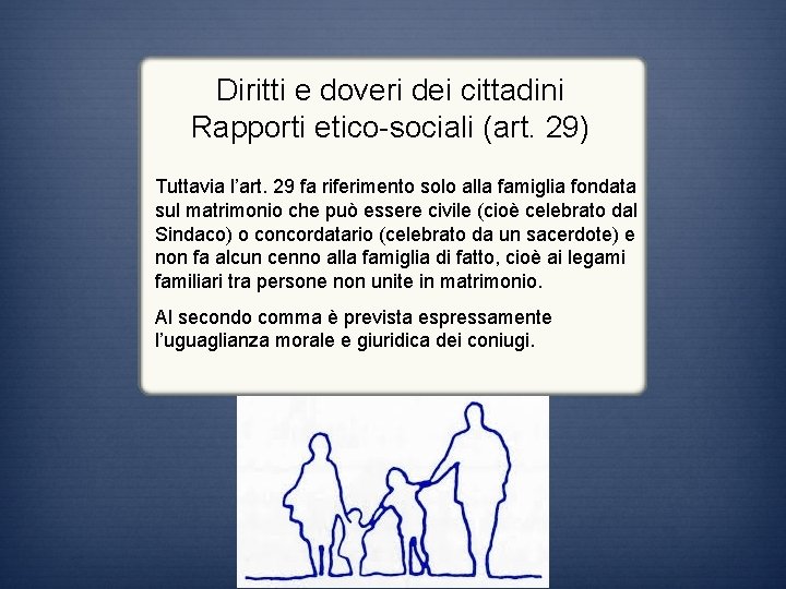 Diritti e doveri dei cittadini Rapporti etico-sociali (art. 29) Tuttavia l’art. 29 fa riferimento