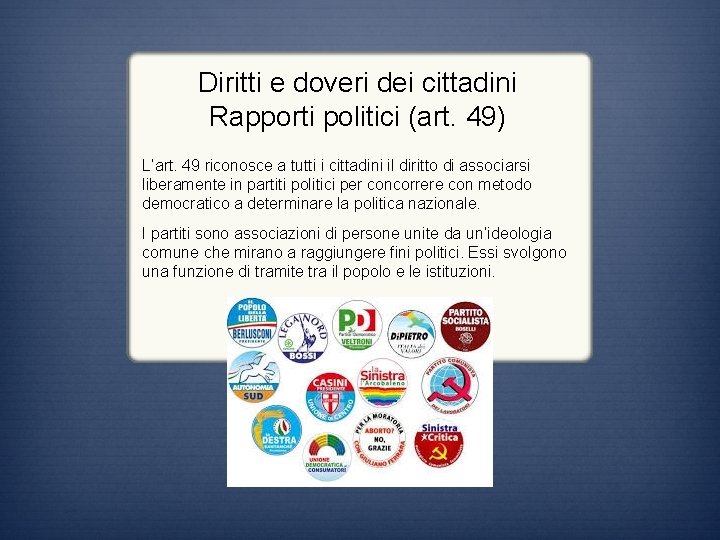 Diritti e doveri dei cittadini Rapporti politici (art. 49) L’art. 49 riconosce a tutti