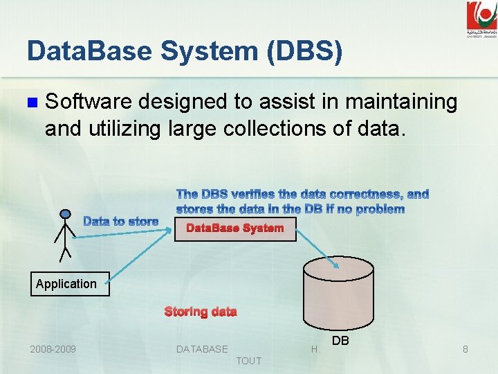 Data. Base System (DBS) n Software designed to assist in maintaining and utilizing large