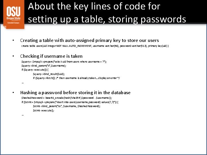 About the key lines of code for setting up a table, storing passwords •