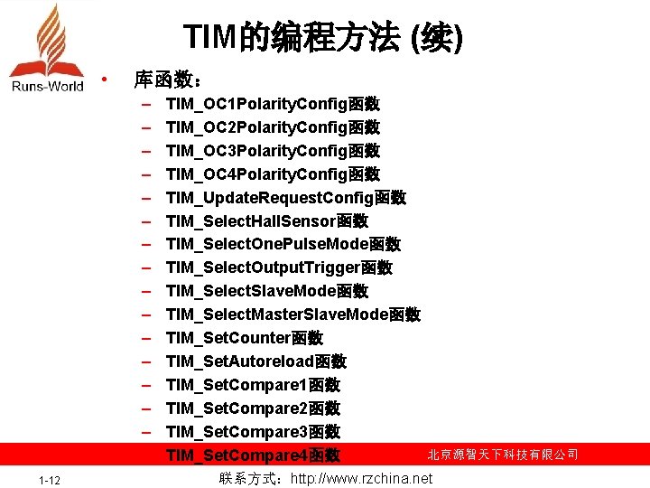 TIM的编程方法 (续) • 库函数： – – – – 1 -12 TIM_OC 1 Polarity. Config函数