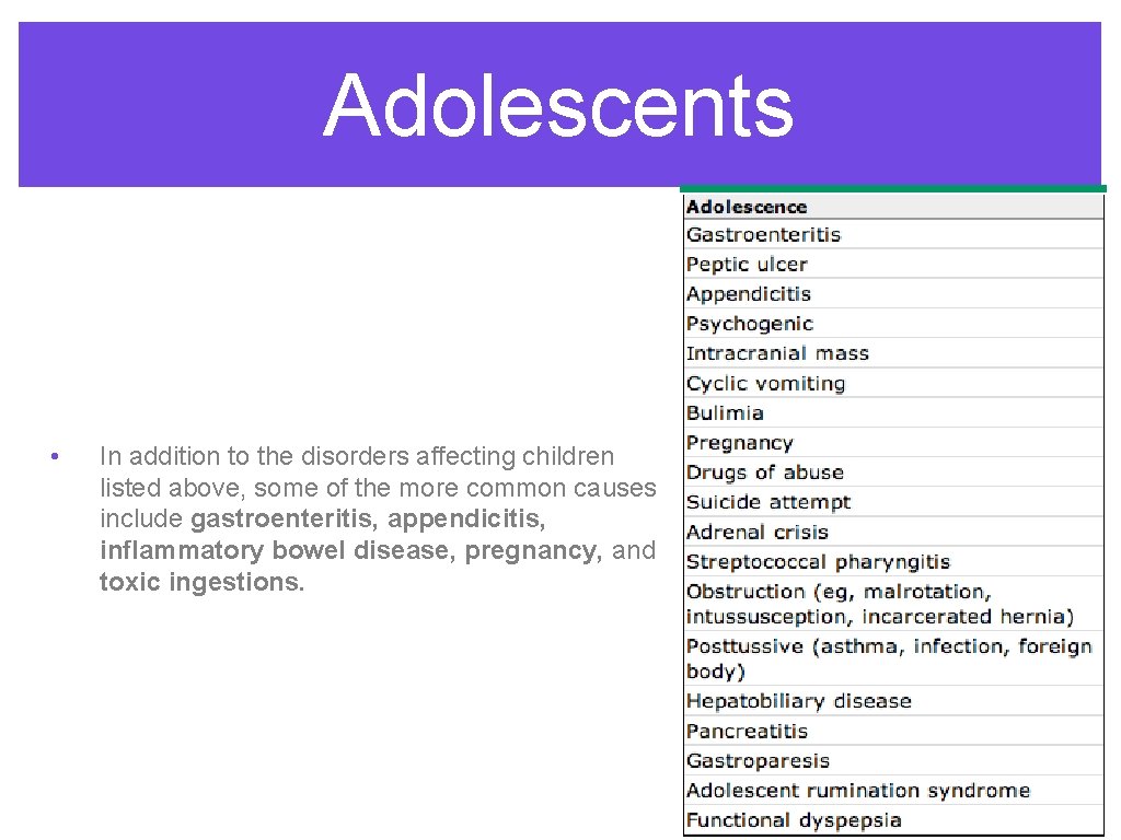 Adolescents • In addition to the disorders affecting children listed above, some of the