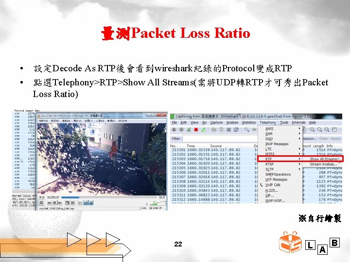 量測Packet Loss Ratio • 設定Decode As RTP後會看到wireshark紀錄的Protocol變成RTP • 點選Telephony>RTP>Show All Streams(需將UDP轉RTP才可秀出Packet Loss Ratio) ※自行繪製
