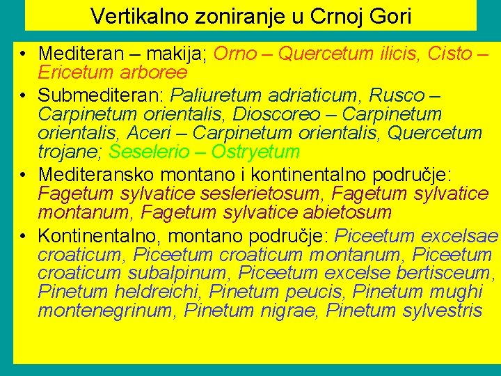 Vertikalno zoniranje u Crnoj Gori • Mediteran – makija; Orno – Quercetum ilicis, Cisto Vertikalno zoniranje u Crnoj Gori • Mediteran – makija; Orno – Quercetum ilicis, Cisto