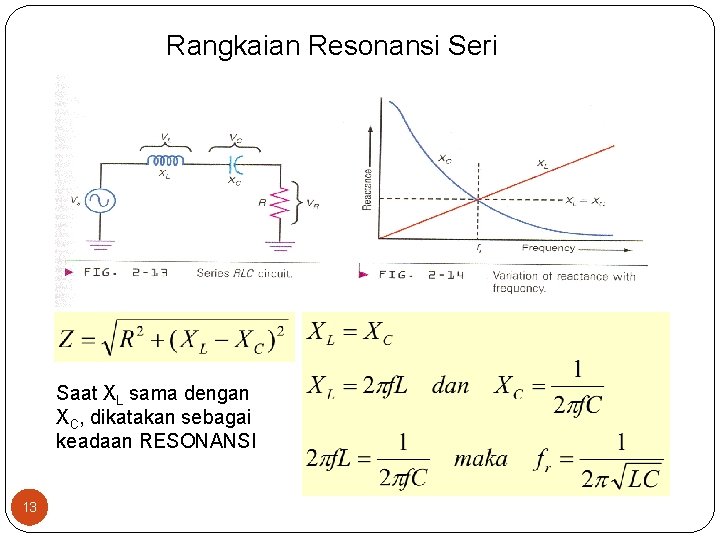 Rangkaian Resonansi Seri Saat XL sama dengan XC, dikatakan sebagai keadaan RESONANSI 13 