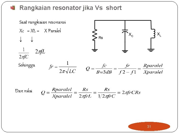 Rangkaian resonator jika Vs short Saat rangkaian resonansi Xc = XL = X Paralel