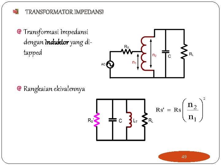 TRANSFORMATOR IMPEDANSI Transformasi Impedansi dengan Induktor yang ditapped Rangkaian ekivalennya 49 