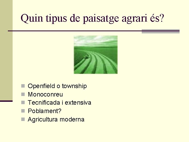 Quin tipus de paisatge agrari és? n n n Openfield o township Monoconreu Tecnificada Quin tipus de paisatge agrari és? n n n Openfield o township Monoconreu Tecnificada