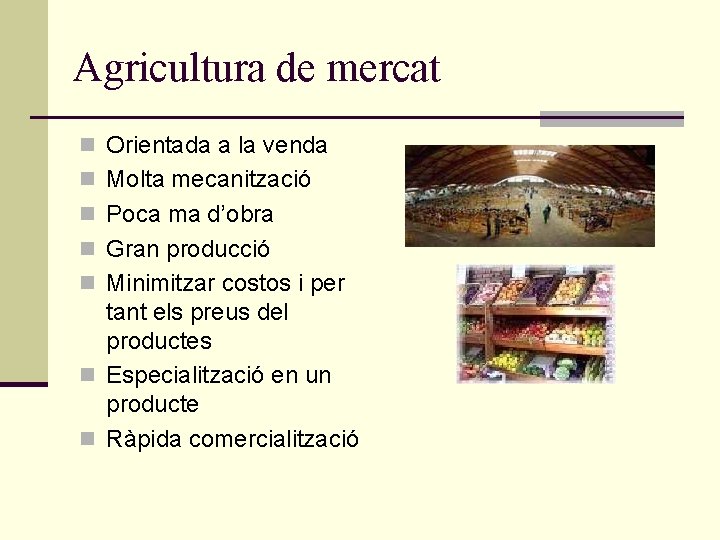 Agricultura de mercat n Orientada a la venda n Molta mecanització n Poca ma Agricultura de mercat n Orientada a la venda n Molta mecanització n Poca ma