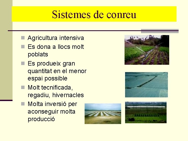Sistemesde deconreu Sistemes n Agricultura intensiva n Es dona a llocs molt poblats n Sistemesde deconreu Sistemes n Agricultura intensiva n Es dona a llocs molt poblats n