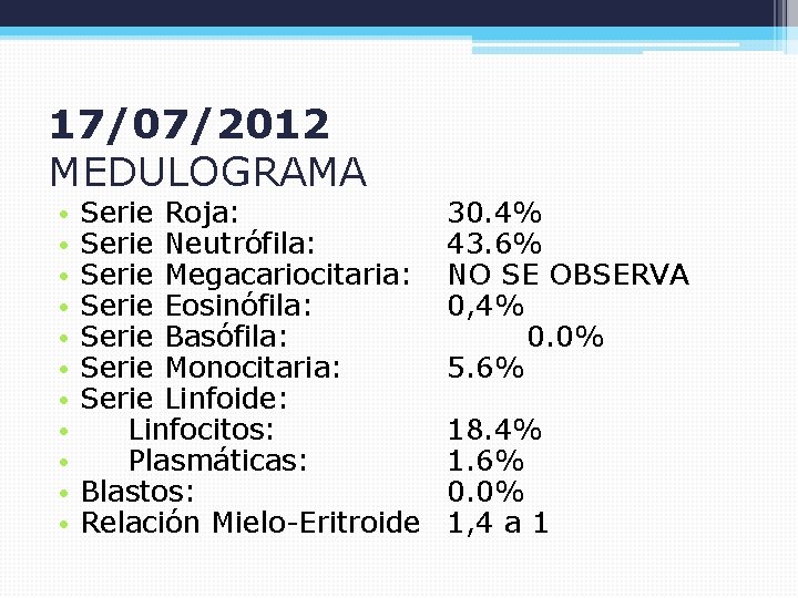 17/07/2012 MEDULOGRAMA • • • Serie Roja: Serie Neutrófila: Serie Megacariocitaria: Serie Eosinófila: Serie