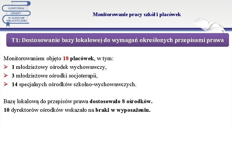 Monitorowanie pracy szkół i placówek T 1: Dostosowanie bazy lokalowej do wymagań określonych przepisami