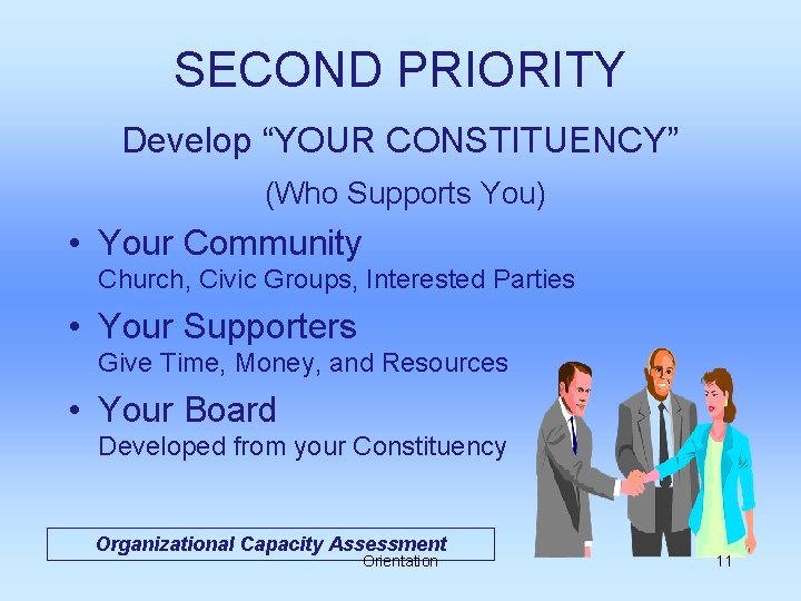 SECOND PRIORITY Develop “YOUR CONSTITUENCY” (Who Supports You) • Your Community Church, Civic Groups,