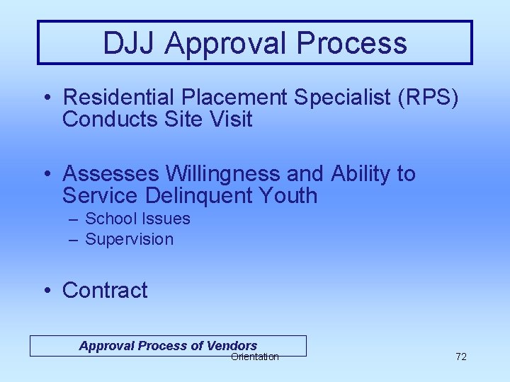 DJJ Approval Process • Residential Placement Specialist (RPS) Conducts Site Visit • Assesses Willingness