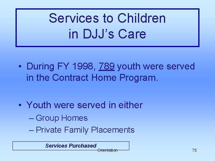 Services to Children in DJJ’s Care • During FY 1998, 789 youth were served