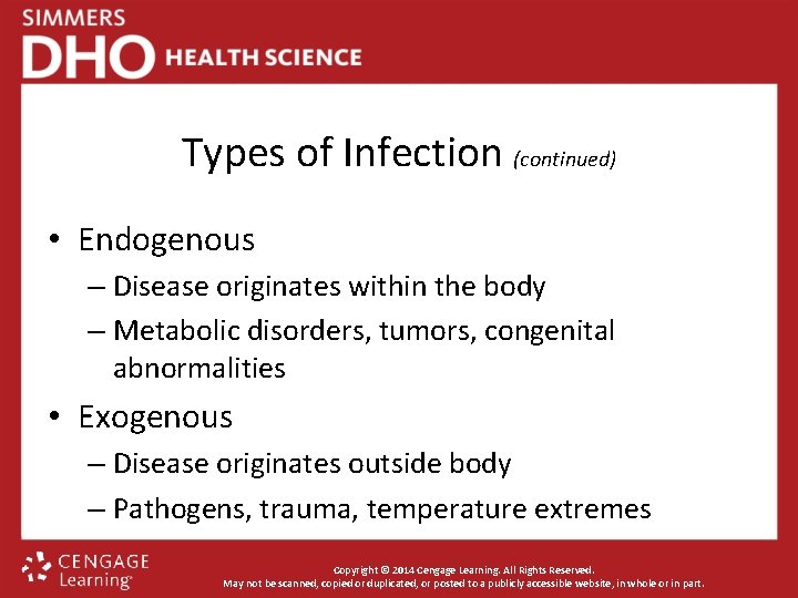 Types of Infection (continued) • Endogenous – Disease originates within the body – Metabolic