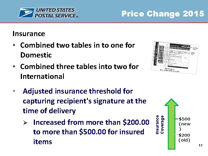 Price Change 2015 • Adjusted insurance threshold for capturing recipient's signature at the time