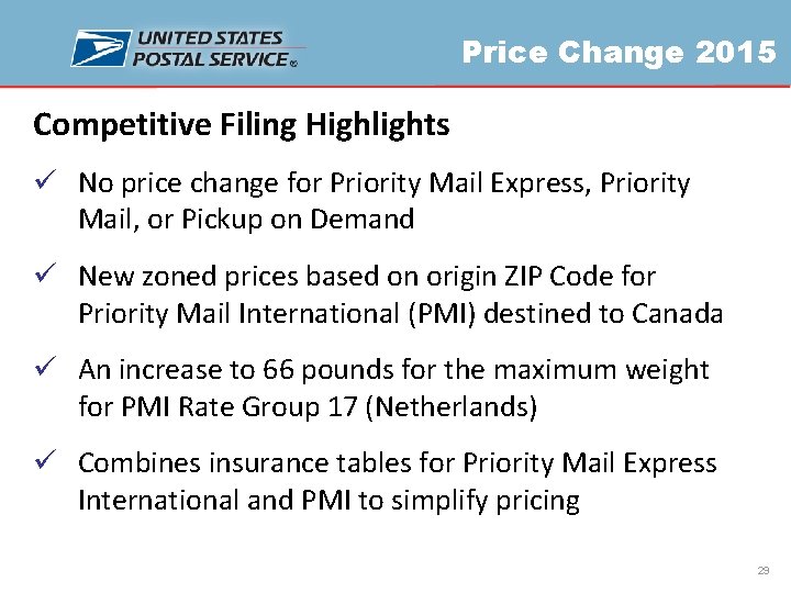 Price Change 2015 Competitive Filing Highlights ü No price change for Priority Mail Express,