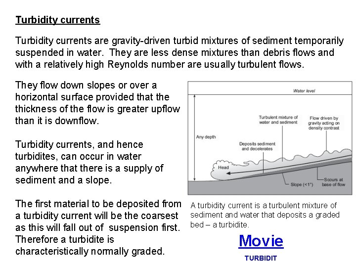 Turbidity currents are gravity-driven turbid mixtures of sediment temporarily suspended in water. They are