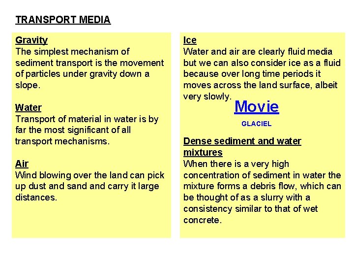 TRANSPORT MEDIA Gravity The simplest mechanism of sediment transport is the movement of particles