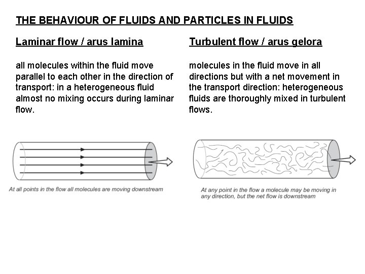 THE BEHAVIOUR OF FLUIDS AND PARTICLES IN FLUIDS Laminar flow / arus lamina Turbulent