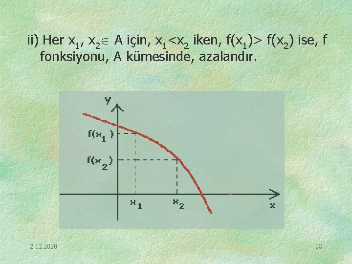 ii) Her x 1, x 2 A için, x 1<x 2 iken, f(x 1)>