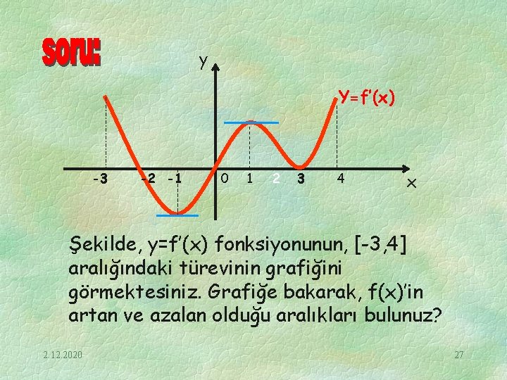 y Y=f’(x) -3 -2 -1 0 1 2 3 4 x Şekilde, y=f’(x) fonksiyonunun,